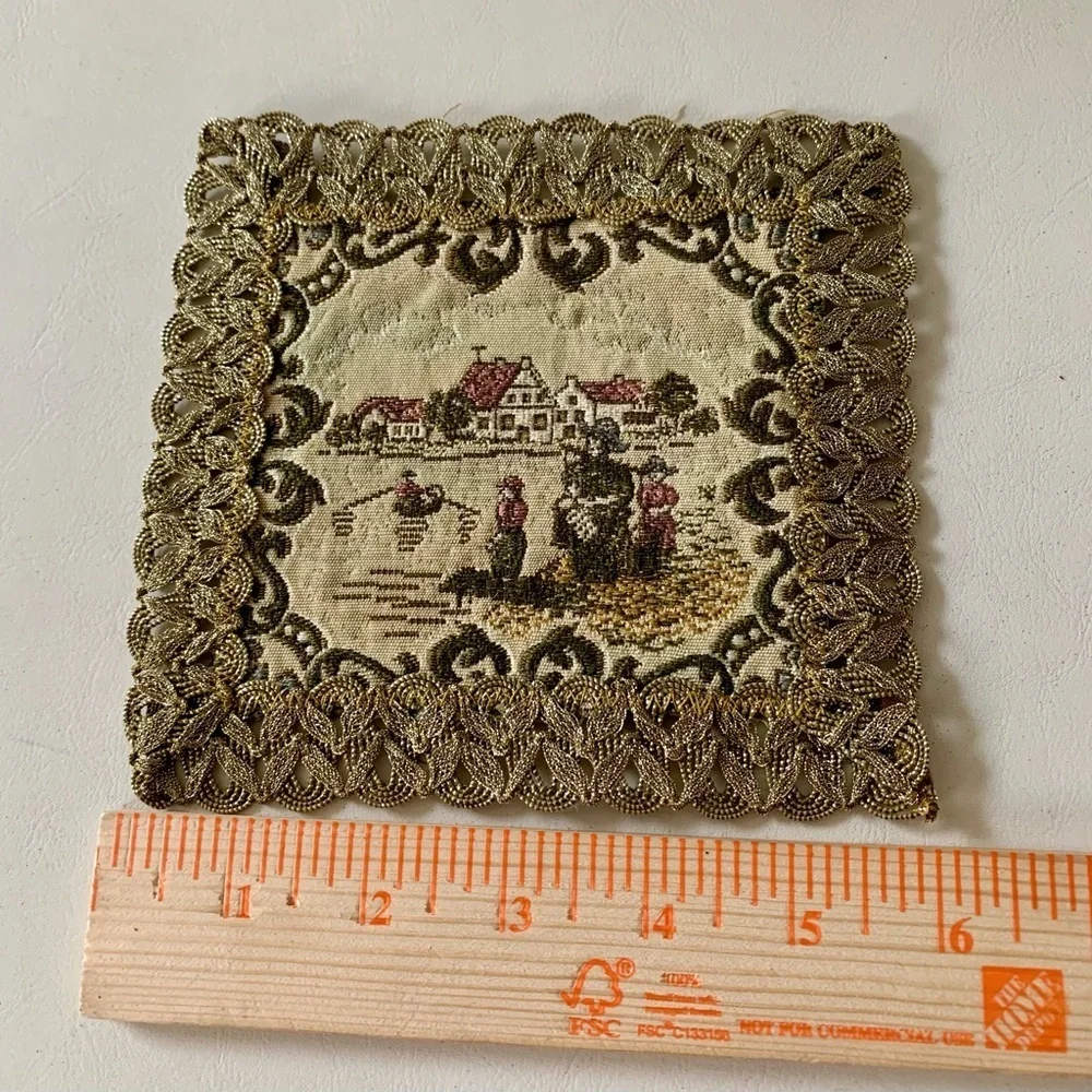 Antique square floral table doilies gold trim embroidered